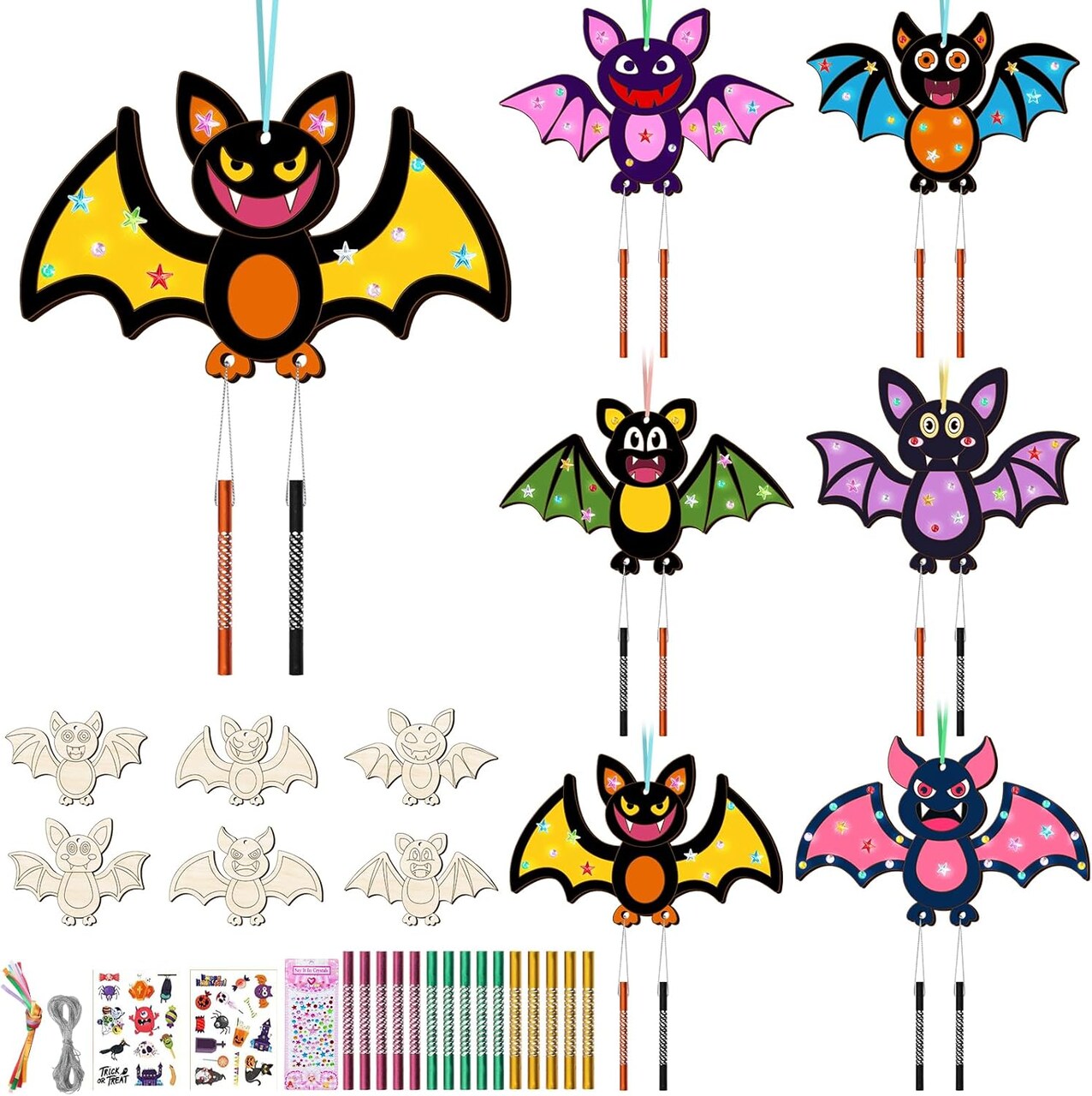 Make Your Own Halloween Bat Wind Chime DIY Coloring Paint Spooky Halloween Wooden Arts and Crafts Birthday Party Favor for Girls Boys